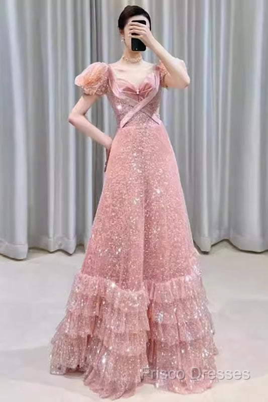 Princess A Line Pink Short Sleeves Sequin Long Formal Prom Dress