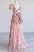 Princess A Line Pink Short Sleeves Sequin Long Formal Prom Dress