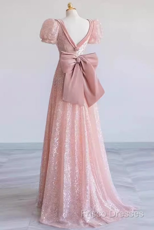 Princess A Line Pink Short Sleeves Sequin Long Formal Prom Dress