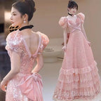 Princess A Line Pink Short Sleeves Sequin Long Formal Prom Dress