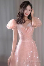 Princess A Line Pink Short Sleeves Sequin Long Formal Prom Dress