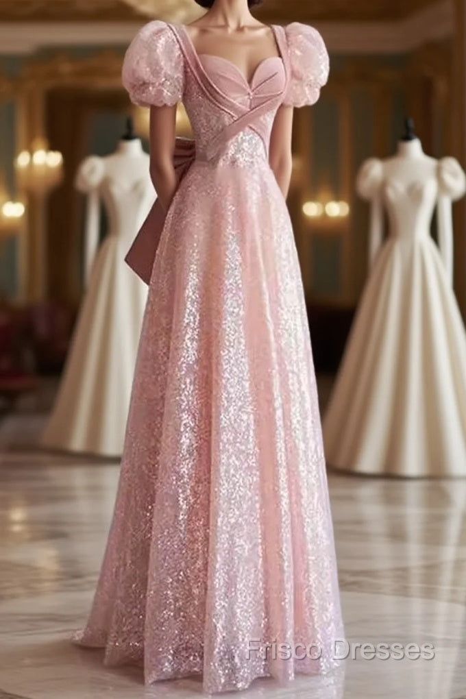 Princess A Line Pink Short Sleeves Sequin Long Formal Prom Dress