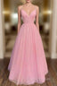 Princess A-line V Neck Spaghetti Straps Long/Floor-Length Tulle Glitter Formal Prom Dress