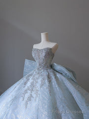 Princess Ball Gown Strapless Neckline Long Sequin Light Sky Blue Long Wedding Dresses Brides Dress
