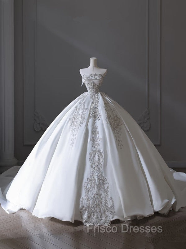 Princess Ball Gown Strapless Sleeveless Pleats White Satin Wedding Dress