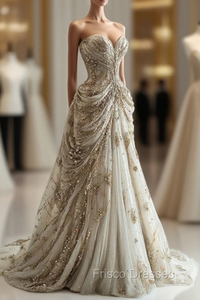 Princess Ball Gown Sweetheart Neckline Pleats White Sequin Wedding Dress Main image