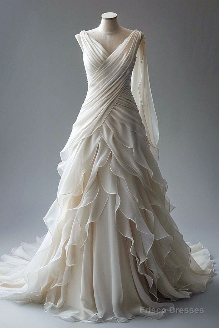 Princess Ball Gown V Neckline Pleats White Chiffon Wedding Dresses Secondary image