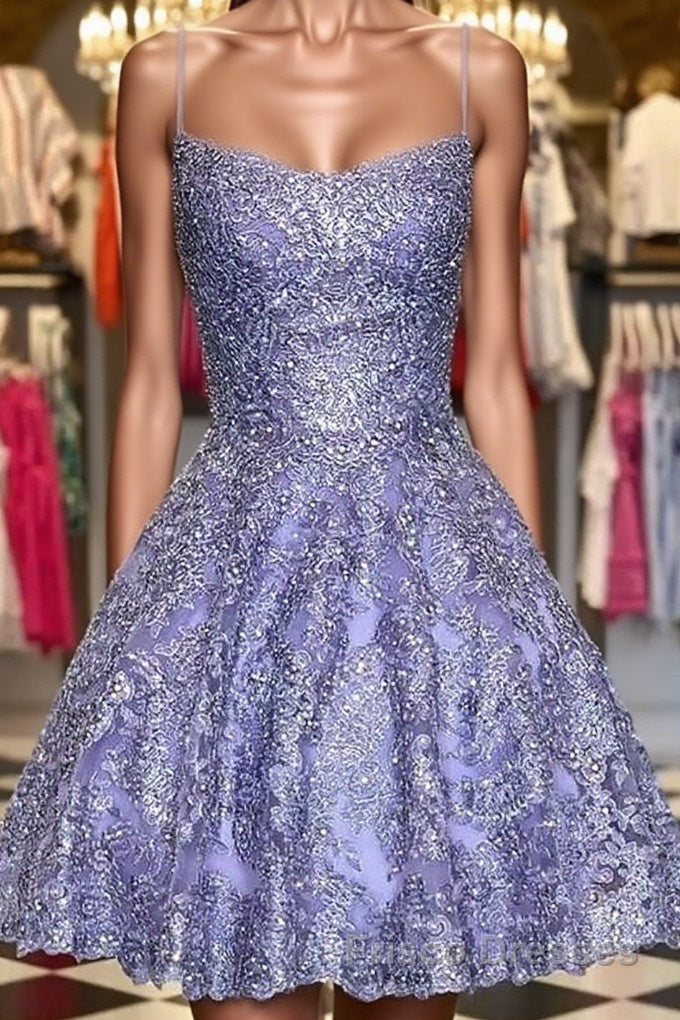 Princess Beaded Purple Lace Formal Prom Dresses, Short Purple Lace Homecoming Dresses, Purple Formal Evening Dresses Main image
