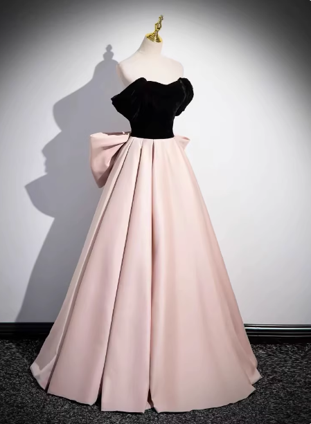 Princess Black & Pink Panel A-Line Off-The-Shoulder Bow Velvet Satin Long Prom Dress Evening Dress
