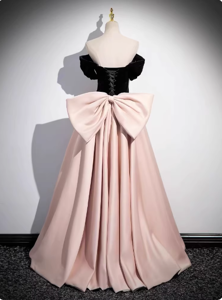 Princess Black & Pink Panel A-Line Off-The-Shoulder Bow Velvet Satin Long Prom Dress Evening Dress