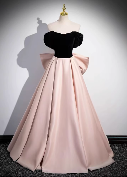 Princess Black & Pink Panel A-Line Off-The-Shoulder Bow Velvet Satin Long Prom Dress Evening Dress
