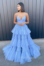 Princess Blue Tiered Layers Tulle Long Prom Dress