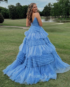 Princess Blue Tiered Layers Tulle Long Prom Dress