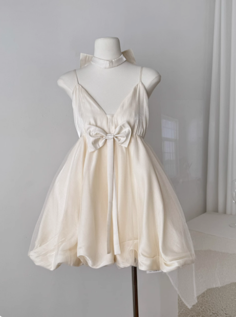 Princess Bowknot Halter Neck Sling Waist Net Tulle Puffy Birthday Party Dress Homecoming Dress