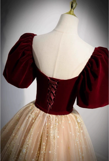 Princess Burgundy & Champagne Gold Panel A-Line Short Sleeve Tulle Long Prom Dress Evening Dress