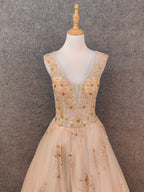 Princess Champagne A-Line V-Neck Sleeveless Sequin Beaded Tulle Long Prom Dress Evening Dress
