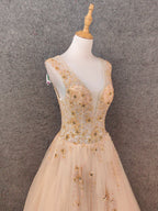 Princess Champagne A-Line V-Neck Sleeveless Sequin Beaded Tulle Long Prom Dress Evening Dress