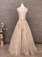 Princess Champagne A-Line V-Neck Sleeveless Sequin Beaded Tulle Long Prom Dress Evening Dress