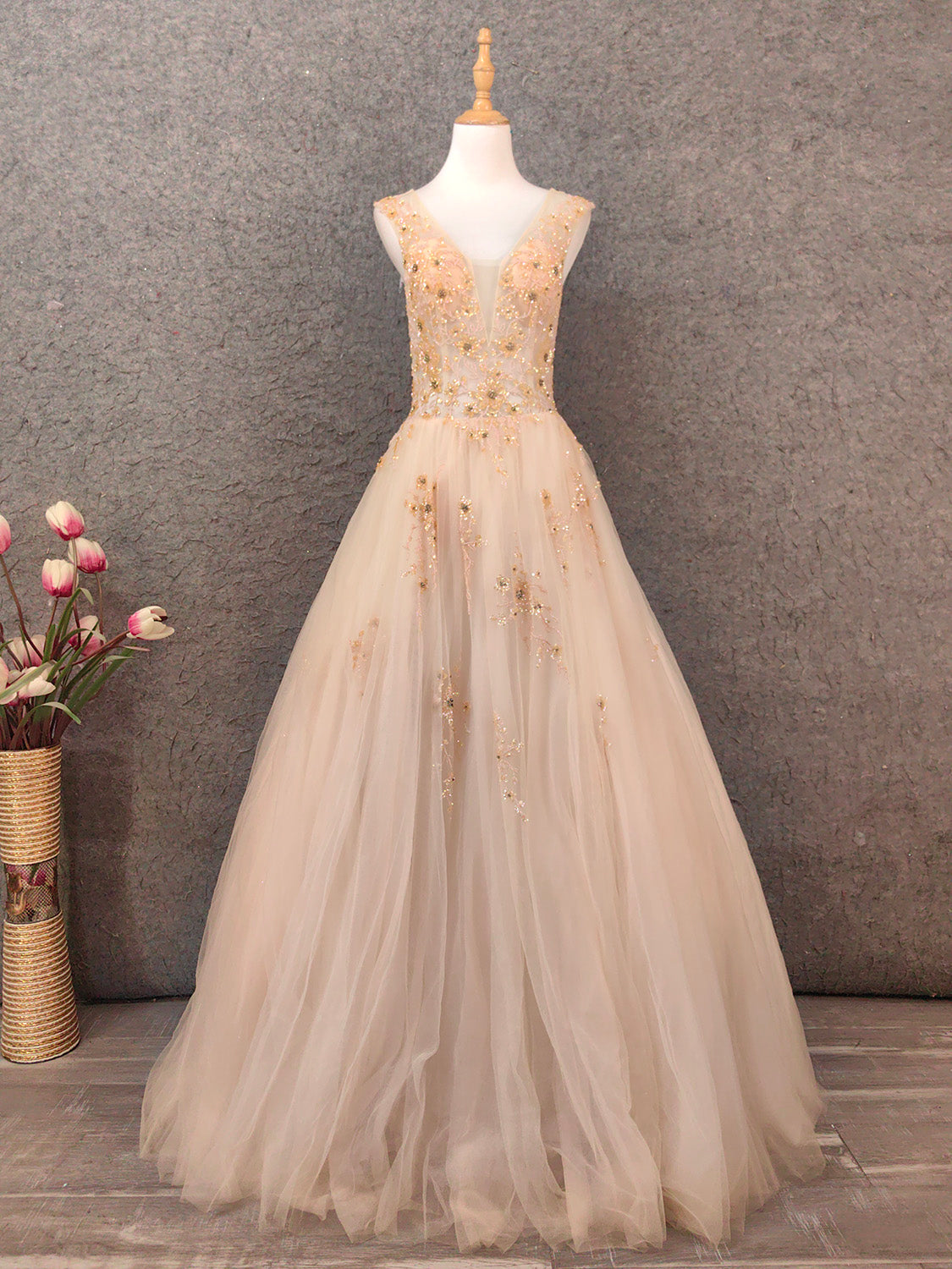 Princess Champagne A-Line V-Neck Sleeveless Sequin Beaded Tulle Long Prom Dress Evening Dress Main image