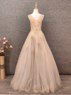 Princess Champagne A-Line V-Neck Sleeveless Sequin Beaded Tulle Long Prom Dress Evening Dress