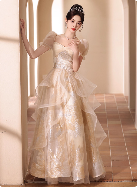Princess Champagne Gold A-Line Embroidered Tulle Long Prom Dress Evening Dress Secondary image