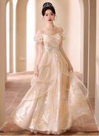 Princess Champagne Gold A-Line Embroidered Tulle Long Prom Dress Evening Dress