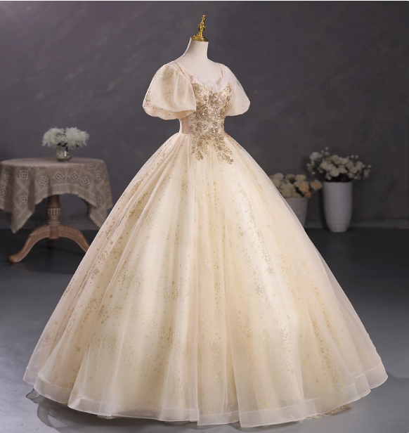 Princess Champagne Gold Square Neck Puff Sleeve Gold Embroidered Floral Tulle Ball Gown Evening Dress Sweet 16 Dress