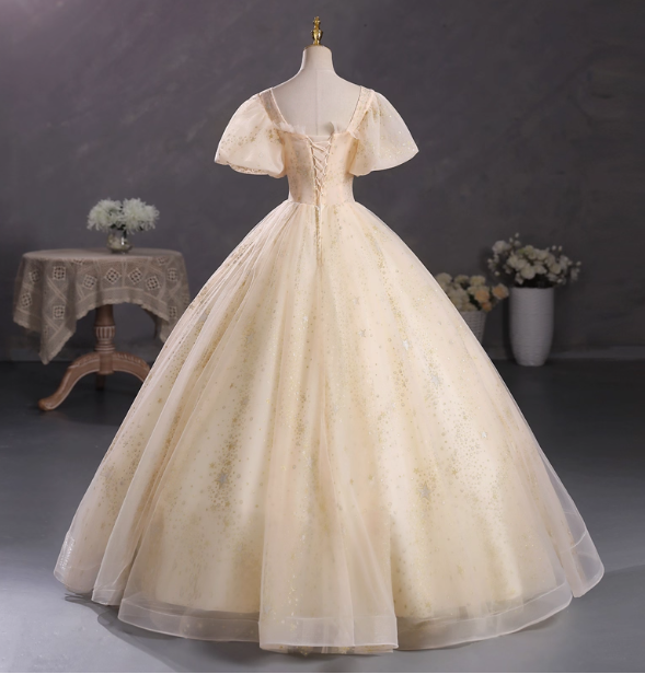 Princess Champagne Gold Square Neck Puff Sleeve Gold Embroidered Floral Tulle Ball Gown Evening Dress Sweet 16 Dress