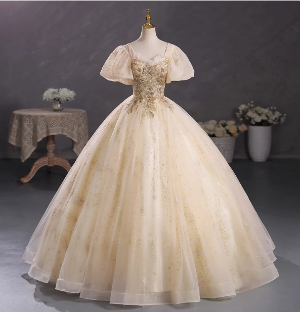 Princess Champagne Gold Square Neck Puff Sleeve Gold Embroidered Floral Tulle Ball Gown Evening Dress Sweet 16 Dress Main image