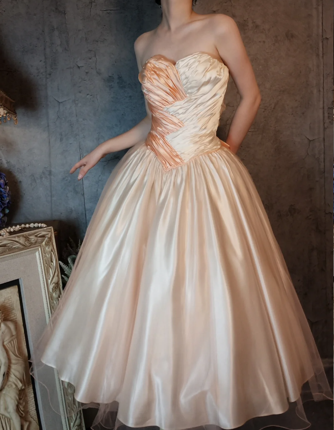 Princess Champagne Pink A-Line Sweet Bow Satin Prom Dress Evening Dress Sweet 16 Dress