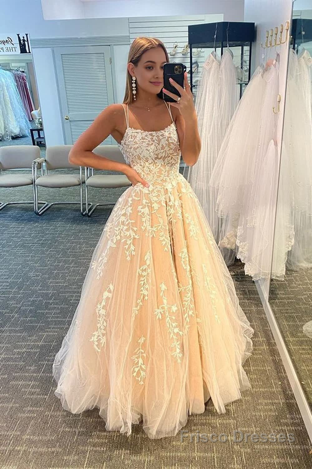 Princess Champagne Spaghetti Straps Prom Dress Main image