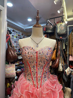 Princess Coral Pink Heart-Shaped Neckline Rhinestone-Embellished Short Prom Dress Evening Dress