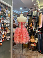 Princess Coral Pink Heart-Shaped Neckline Rhinestone-Embellished Short Prom Dress Evening Dress