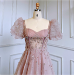 Princess Dreamy Pink A-Line Square Neck Puff Sleeve Beaded Tulle Long Prom Dress Evening Dress