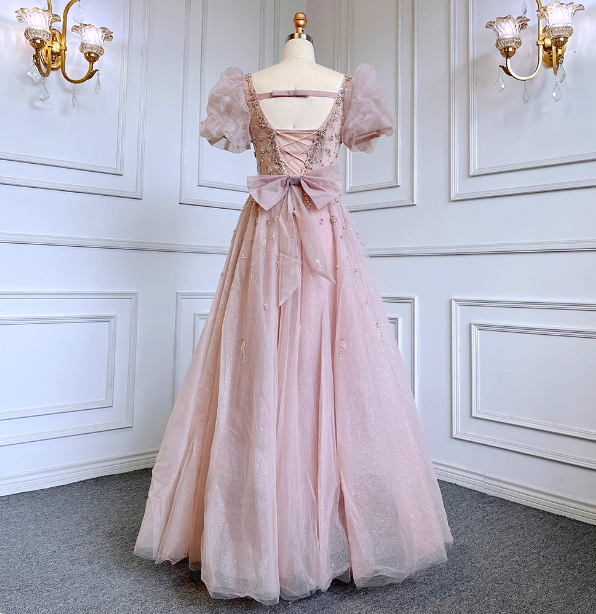 Princess Dreamy Pink A-Line Square Neck Puff Sleeve Beaded Tulle Long Prom Dress Evening Dress