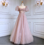 Princess Dreamy Pink A-Line Square Neck Puff Sleeve Beaded Tulle Long Prom Dress Evening Dress