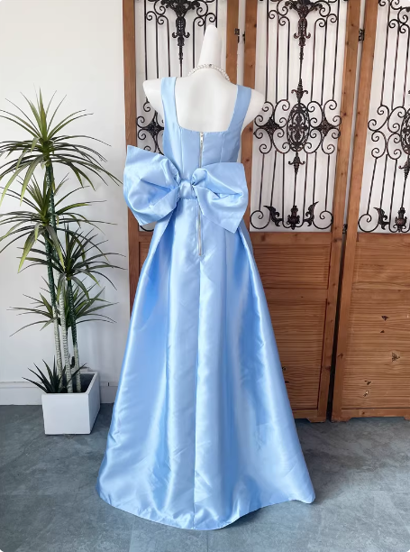 Princess Elegant Blue Square Neck Bow Satin Long Prom Dress Evening Dress Secondary image