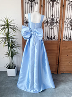 Princess Elegant Blue Square Neck Bow Satin Long Prom Dress Evening Dress