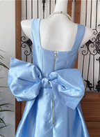 Princess Elegant Blue Square Neck Bow Satin Long Prom Dress Evening Dress