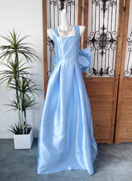 Princess Elegant Blue Square Neck Bow Satin Long Prom Dress Evening Dress Main image