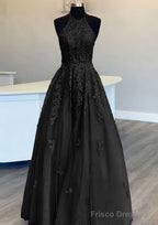 Princess Halter Long/Floor-Length Lace Tulle Prom Dresses With Appliqued Beading