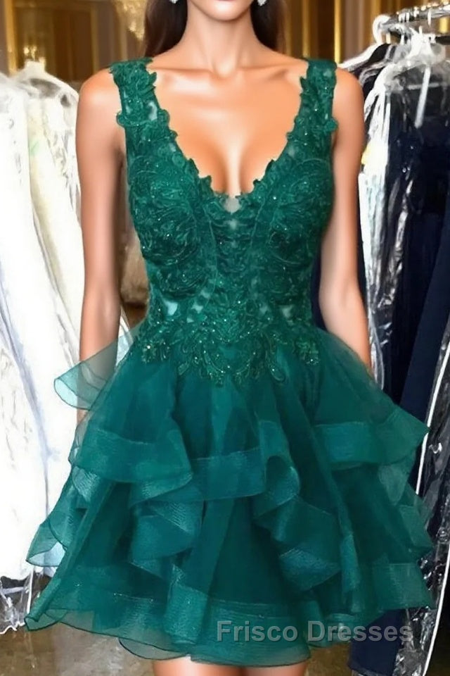 Princess Lace Appliques Dark Green Homecoming Dress with Flounced,Short Formal Prom Dress Main image