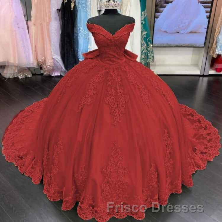 Princess Lace Off Shoulder Gold Quinceanera Dress Applique With Bow