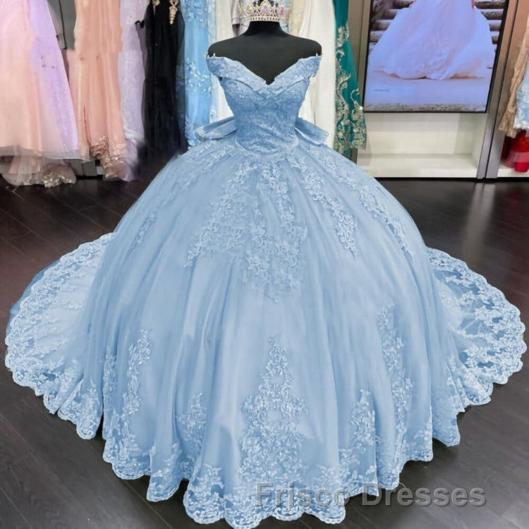 Princess Lace Off Shoulder Gold Quinceanera Dress Applique With Bow