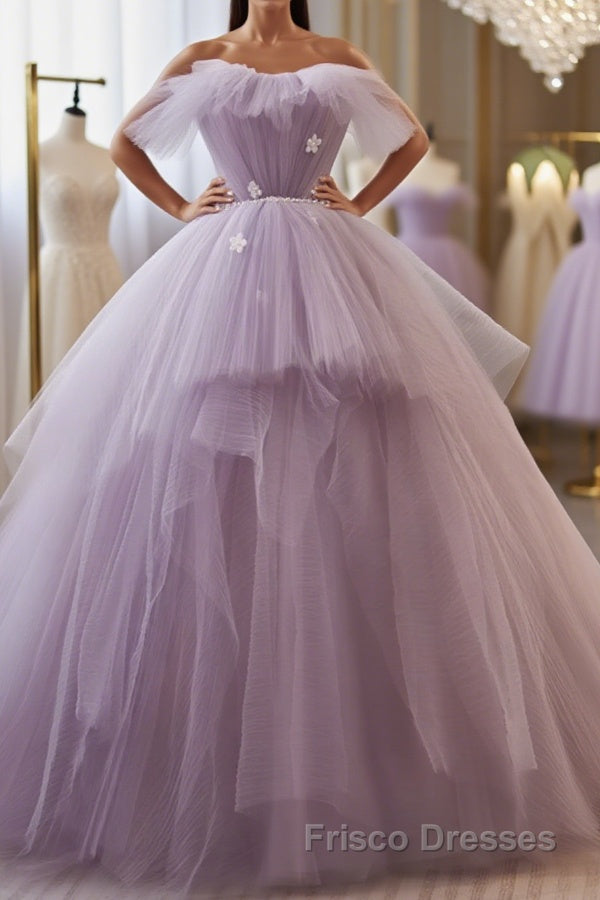 Princess Lavender Tulle Floral Long Formal Prom Dresses, Lavender Formal Evening Dresses, Purple Ball Gown Main image