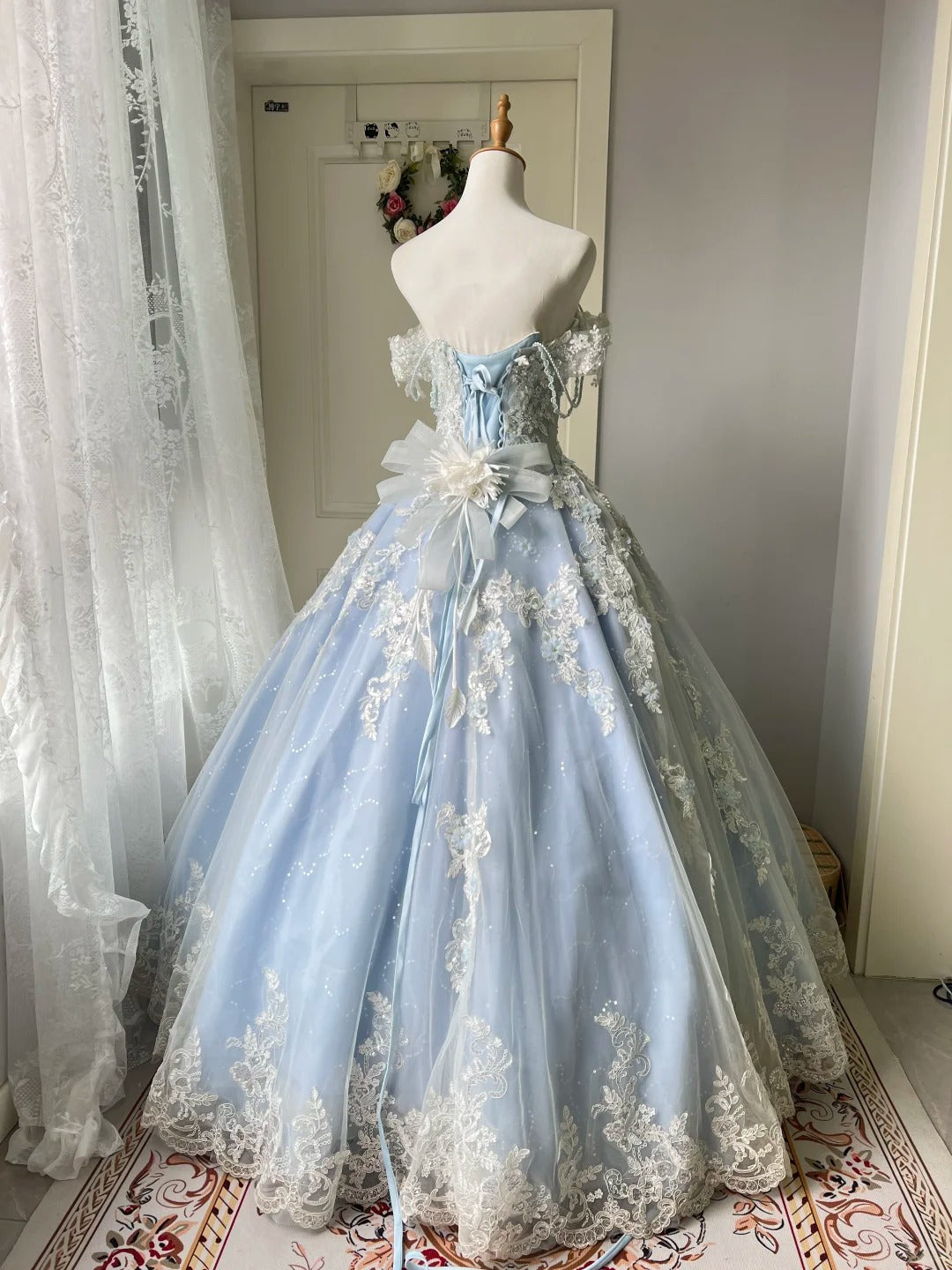 Princess Light Blue Lace Tulle Ball Gown Evening Dress Sweet 16Th Dress