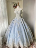 Princess Light Blue Lace Tulle Ball Gown Evening Dress Sweet 16Th Dress