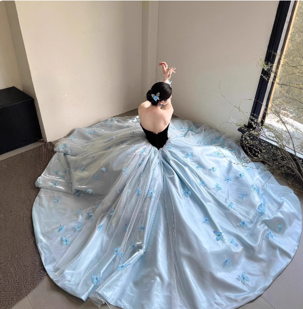 Princess Light Blue Sweetheart Neck 3D Butterfly Embellished Tulle Satin Long Prom Dress Evening Dress