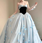 Princess Light Blue Sweetheart Neck 3D Butterfly Embellished Tulle Satin Long Prom Dress Evening Dress
