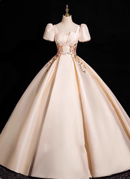 Princess Light Champagne Short-Sleeve Floral Embroidered Ball Gown Evening Dress Secondary image